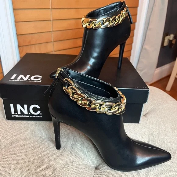 I.N.C. International Concepts Radeyah Gold Chain Booties in Smooth Black (NIB) - Picture 1 of 10